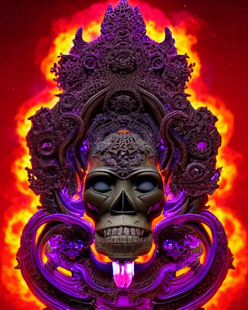 Image similar to 3 d ornate carved dark cosmic goddess with profile portrait, sigma 5 0 0 mm f / 5. beautiful intricate highly detailed quetzalcoatl skull. bioluminescent, plasma, lava, ice, water, wind, creature, thunderstorm! artwork by tooth wu and wlop and beeple and greg rutkowski, 8 k trending on artstation