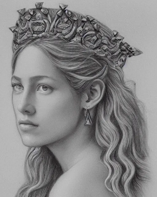 Image similar to pencil drawing of a beautiful greek goddess aphrodite wearing a laurel wreath and arrowhead earrings, beautiful confident eyes, beautiful flowing hair, hyper realistic face, in the style of greg rutkowski, fantasy, amazing detail, epic, elegant, smooth, sharp focus, from the front, long shot