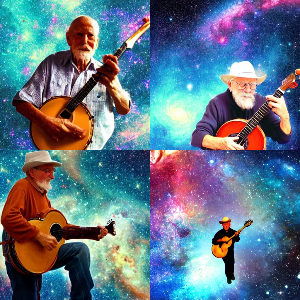 Prompt: an image of an old man from the Ozarks playing a banjo, superimposed on the breathtaking image of a colorful galaxy, with a spaceship flying across the scene