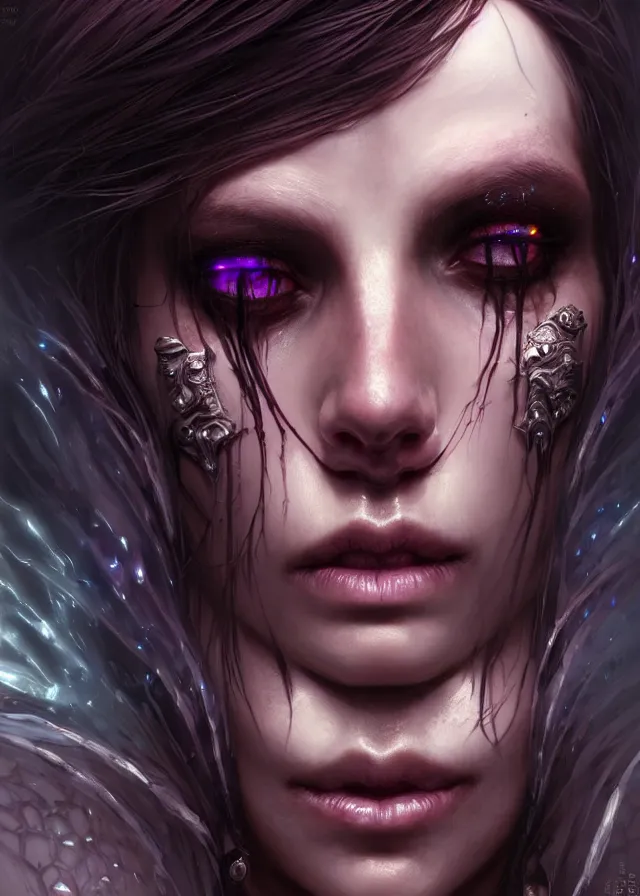 Image similar to Necromancer Sorceress face close-up macro in center, fantasy magic, undercut hairstyle, dark light night, intricate, elegant, sharp focus, illustration, highly detailed, digital painting, concept art, matte, art by WLOP and Artgerm and Greg Rutkowski and Alphonse Mucha, masterpiece