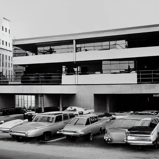 Image similar to second story cantilevered white brutalist office on top of 2 large piers, large windows, elegant, white stone, proportion, golden ratio, epic composition, steel window mullions, cars parked underneath, 1 6 : 9