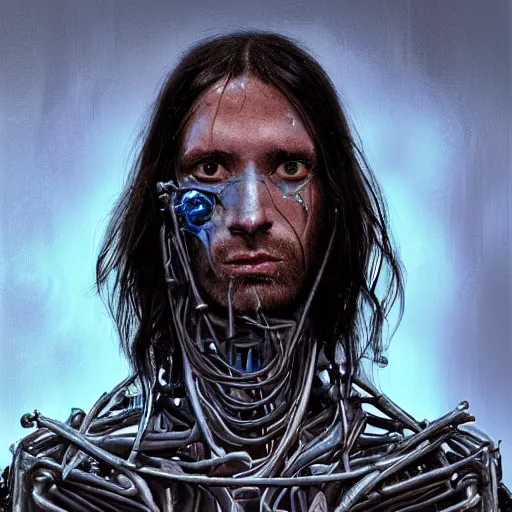 Prompt: Portrait of a man by Greg Rutkowski, symmetrical face, he is about 30 years old, messy long black hair, tired appearance, roman nose, he has become some sort of biomechanical transhuman god with eyes that glow electric blue, peaceful but sad expression, highly detailed portrait, digital painting, artstation, concept art, smooth, sharp foccus ilustration, Artstation HQ.