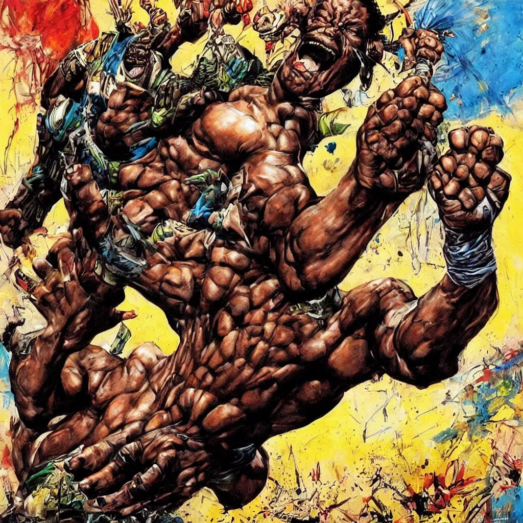 Image similar to art style simon bisley, big african superhero raising fist