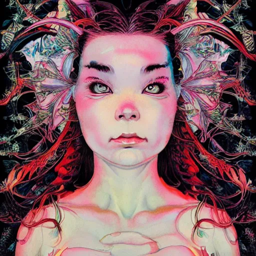 Image similar to portrait of crazy beautiful singer bjork, ymmetrical, by yoichi hatakenaka, masamune shirow, josan gonzales and dan mumford, ayami kojima, takato yamamoto, barclay shaw, karol bak, yukito kishiro