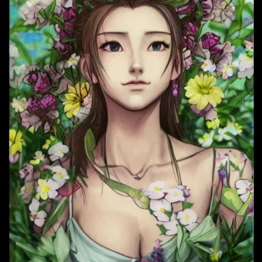 Image similar to high quality art of aerith gainsborough with tattoos, in front of flowers in church, trending on artstation