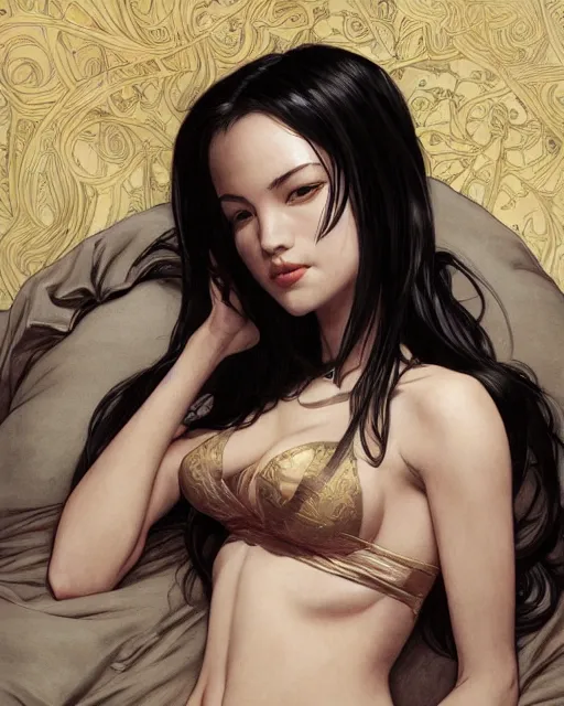Prompt: portrait of cassandra cain wearing satin bra, lying in bed, attractive, fantasy, intricate, elegant, highly detailed, digital painting, artstation, concept art, smooth, sharp focus, illustration, art by artgerm and h r giger, greg rutkowski and alphonse mucha