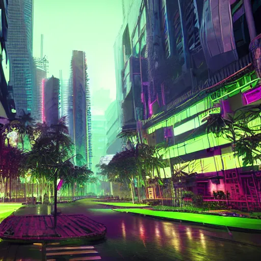 Image similar to Cyberpunk city in a lush bamboo forest, neon, trees, moody, Octane Render, HD, unreal engine, artstation trending, highly detailed