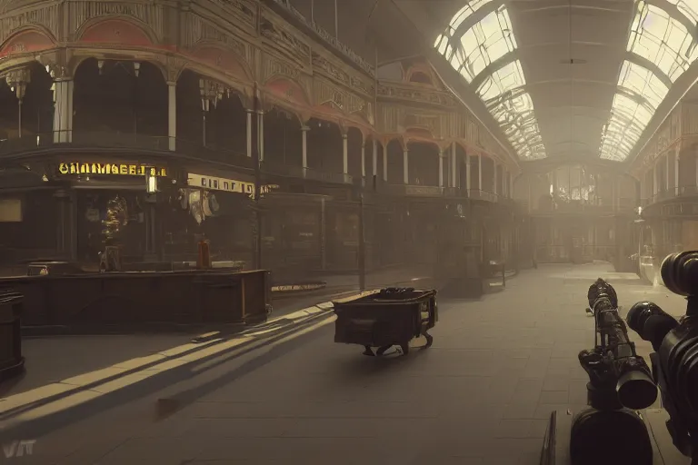 Prompt: first person point of view of a gunner on a victorian shopping mall, cinematic lightning, ray tracing, unreal engine 5, photorealistic, 8 k, uhd, 4 k, battlefield 6 game concept, extremely detailed, beautiful, elegant, intricate, foggy, in - game footage