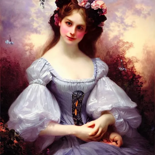 Image similar to Alice in Wonderland,a portrait of a beautiful Silver hair girl,Diamonds Blaze,Rose twining,luxuriant,dreamy, eternity, romantic,highly detailed,in the style of Franz Xaver Winterhalter, highly detailed,night lighting