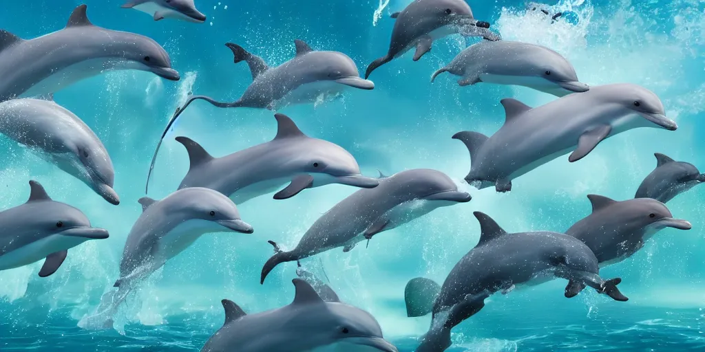 Image similar to sirens of the sea with other dolphins and sea creatures in their underwater kingdom, ultrarealistic, 4 k