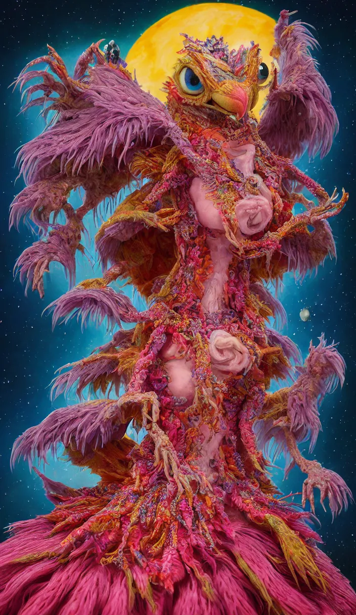 Image similar to hyper detailed 3d render like a Oil painting - kawaii portrait of solitary Aurora (a beautiful skeksis muppet fae queen from dark crystal that looks like Anya Taylor-Joy) seen red carpet photoshoot in UVIVF posing in scaly dress to Eat of the Strangling network of yellowcake aerochrome and milky Fruit and His delicate Hands hold of gossamer polyp blossoms bring iridescent fungal flowers whose spores black the foolish stars by Jacek Yerka, Ilya Kuvshinov, Mariusz Lewandowski, Houdini algorithmic generative render, Abstract brush strokes, Masterpiece, Edward Hopper and James Gilleard, Zdzislaw Beksinski, Mark Ryden, Wolfgang Lettl, hints of Yayoi Kasuma and Dr. Seuss, octane render, 8k