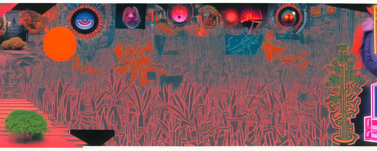 Prompt: 1978 cut out collage, theater stage, neon aztec, dusk on Jupiter, epic kabuki, tropical fish, cyberpunk, ancient plants, film noir, in part by Alex Grey, part by Hale Woodruff, composition Hundertwasser, written by Brecht