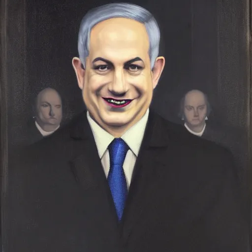 Prompt: Gothic portrait of Benjamin Netanyahu grinning in a dark office, black make up, detailed