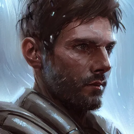 Image similar to Portrait of a man by Greg Rutkowski, he is about 30 years old, Nordic and Hebrew factions, messy brown short hair, strong, tired expression, father figure image, he is wearing a futuristic space gear, highly detailed portrait, scifi, digital painting, artstation, concept art, smooth, sharp foccus ilustration, Artstation HQ.