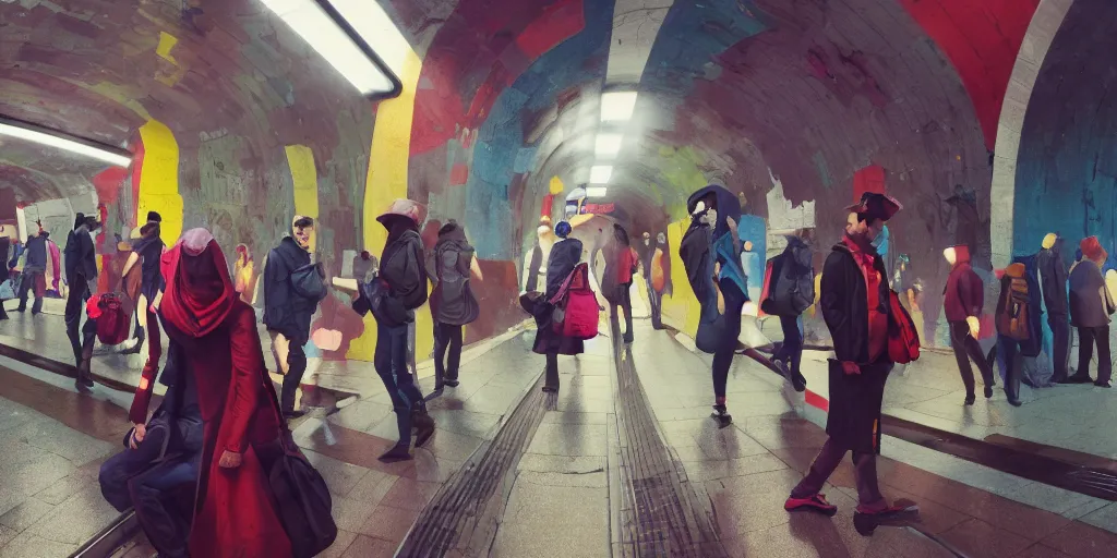 Image similar to london subway people, colorful, contrast, depth of field, 3 d scene, render, greg rutkowski, zabrocki, karlkka, jayison devadas, trending on artstation, 8 k, ultra wide angle, zenith view, pincushion lens effect