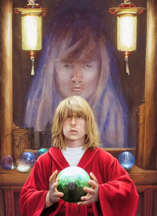 Prompt: portrait of a 1 2 year old white boy with blond medium length hair, sitting on the floor, wearing red sorcerer's robes, holding a crystal ball in his hands and gazing into it, inside of a cabin style by donato giancola, wayne reynolds, jeff easley dramatic light, high detail, cinematic lighting, artstation, dungeons and dragons