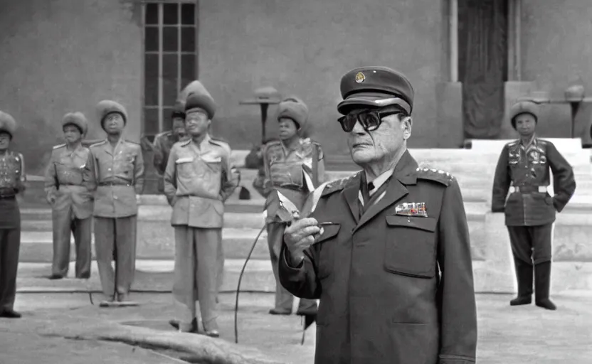 Prompt: 60s movie still of Josip Broz Tito with his general's cap delivering a speech in front of old chinese soldiers, by Irving Penn , kodakchrome, heavy grainy picture, very detailed, high quality, 4k, HD criterion, precise texture