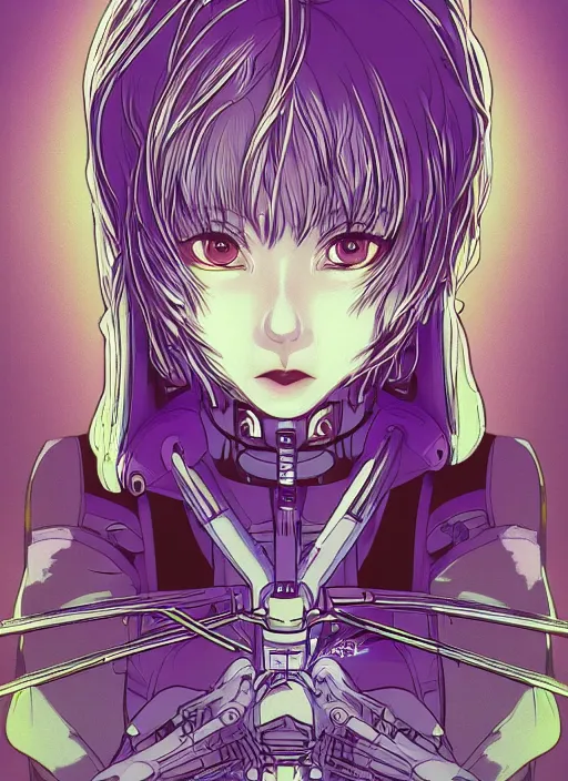 Image similar to a ultra beautiful detailed line art illustration of rei ayanami, centered, by dan mumford and moebius and beeple, trending on artstation, pastel color, dim dusk lighting, cinematic lighting, detailed lighting, volumetric lighting, realistic, f 8, 4 k hd wallpaper, poster, yellow and purple color scheme