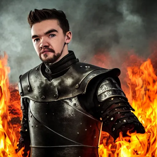 Image similar to jacksepticeye wearing medieval irish armor, looking somewhere in the distance, flames surrounding him, game of thrones cover art, 8k, studio light