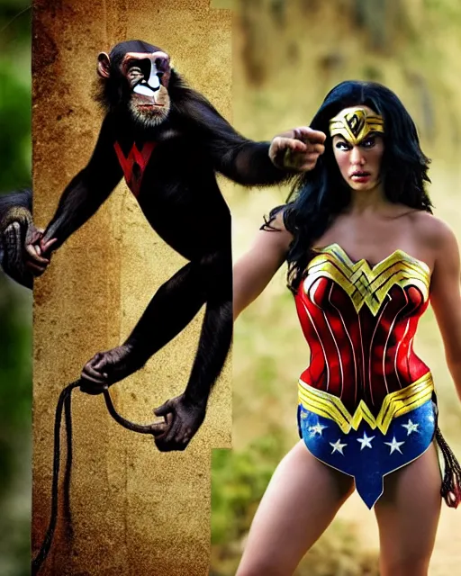 Image similar to photos of a Chimpanzee dressed as Wonder Woman. Photography in the style of National Geographic, photorealistic