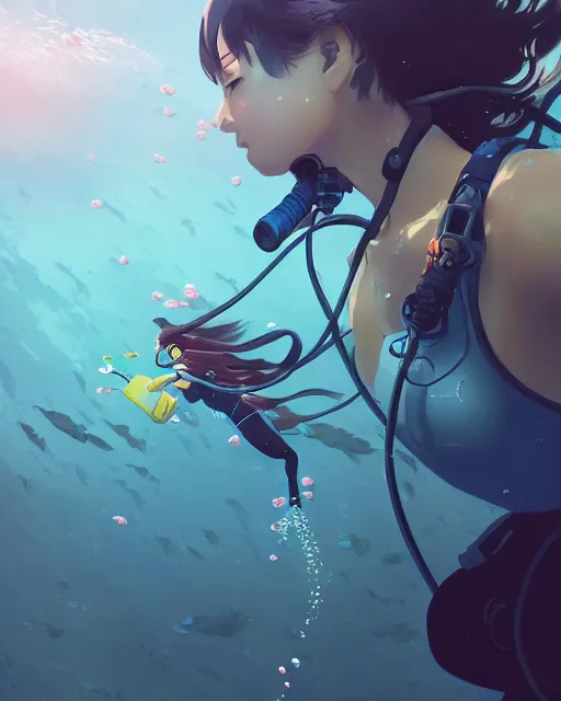 Image similar to a girl scuba diving in an ocean full of sea life, full shot, atmospheric lighting, detailed face, by makoto shinkai, stanley artgerm lau, wlop, rossdraws