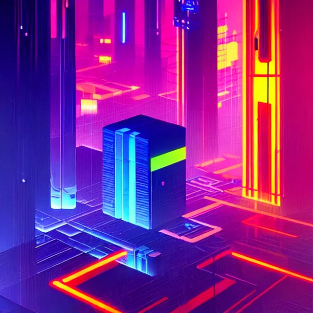 Prompt: a cyberpunk colorful cubes interconnected with glowing tubes, giant tubes connecting separate blocks, blockchain, symmetry, intricate, volumetric lighting, beautiful, rich deep colors masterpiece, sharp focus, ultra detailed, in the style of john harris