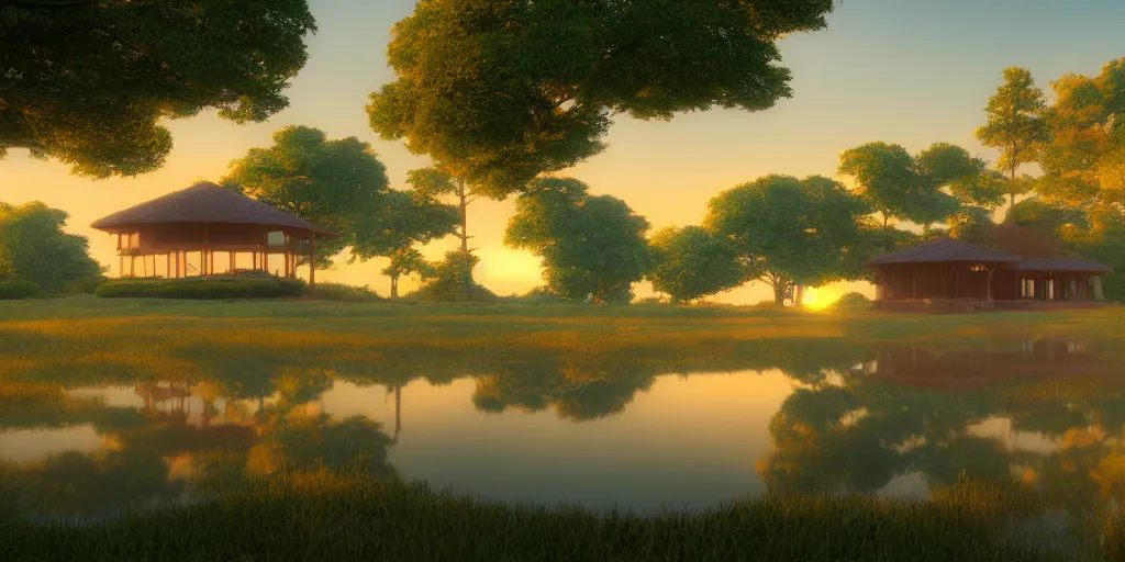 Prompt: a serene landscape with singular building near a lake with lotus at sunrise, pixar style, ghibli studio anime style, 8 k, hdr, octane render, unreal engine 5