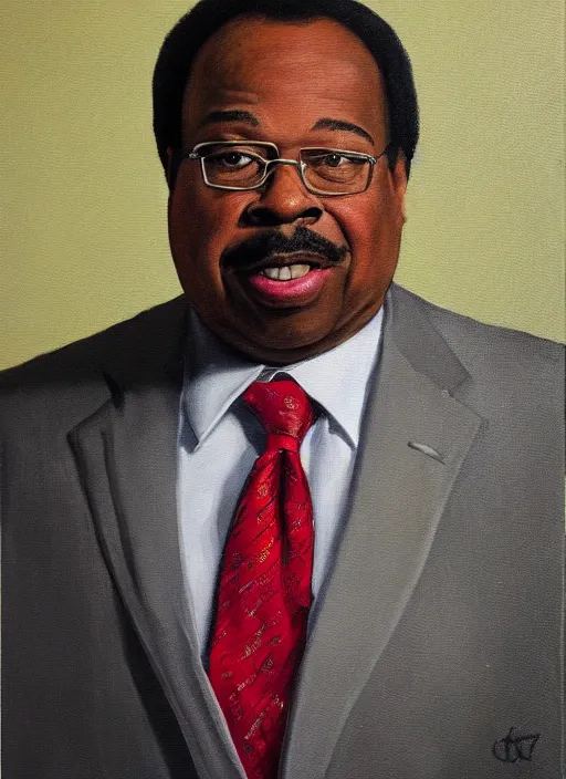 Image similar to ( ( ( portrait of leslie david baker as stanley hudson of the office television series ) ) ) a painting by igor kazarin, head to waist, light coming from the right side, red background,