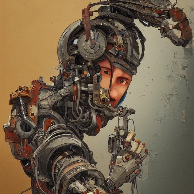 Image similar to robot artist painting a self - portrait on a canvas. intricate, highly detailed, digital matte painting, in the style of alexandros pyromallis, and in the style of sachin teng, and in the style of hans thoma, and in the style of simon bisley. irony, recursion, inspiration.