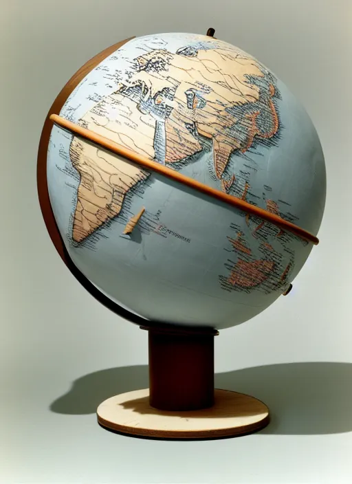 Image similar to realistic photo of a scientific model of an ugly rough globe made of white clay with wooden details, front view 1 9 9 0, life magazine reportage photo, metropolitan museum photo