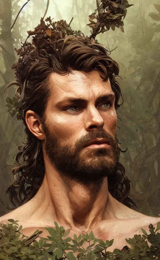 Image similar to portrait of the god of the forest, 30 years old, rugged, male, gorgeous, detailed face, amazing, thighs!!!!!!, muscular, intricate, highly detailed, digital painting, artstation, concept art, sharp focus, illustration, art by greg rutkowski and alphonse mucha