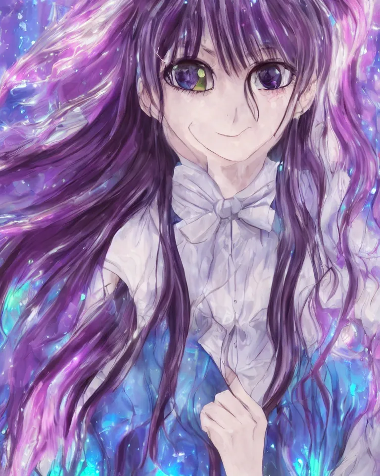 Prompt: 'a painted soul that is imagining becoming a iridescent as a cute and pretty mentally insane girl inquisitively smirks at you' 'pretty and cute teen girl wearing a private school uniform, skirt and knee high black leggings with mental insanity imagines an image of a psychic iridescent state of lucid reality.' ultra detailed realistic anime style at 16K resolution. epically surreally beautiful image. rendering amazing detail. vivid clarity. ultra shadowing. mind-blowing quality. really cool 3D shadowing. masterpiece illustration.