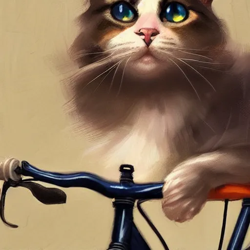 Image similar to head and shoulders masterpiece portrait of cute cat riding a bicycle, surreal background, digital art by Krenz Cushart, trending on artstation, cgsociety,