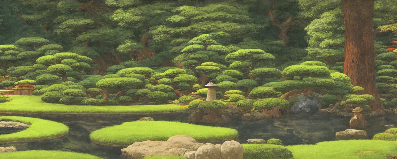 Image similar to ghibli illustrated background of a japanese zen garden by eugene von guerard, ivan shishkin, john singer sargent, 4 k