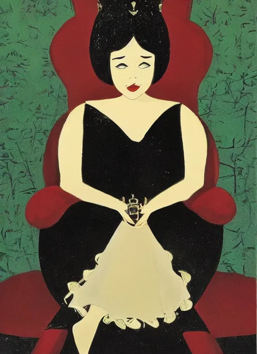 Prompt: an oil painting of a small queen in a black funeral dress sit on a throne, by eyvind earle