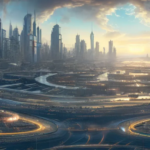 Image similar to utopic future city,differential growth,city panorama,beautiful sunsetpanoramic,boris vallejo,luis royo,michael whelan,photorealistic,unreal engine 5,octane render,detailed