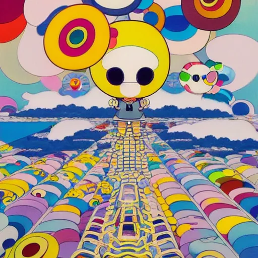 Image similar to a man walking on clouds away from the camera above kyoto by takashi murakami, beeple and james jean, aya takano color style, 4 k, super detailed, modern, 4 k, symmetrical