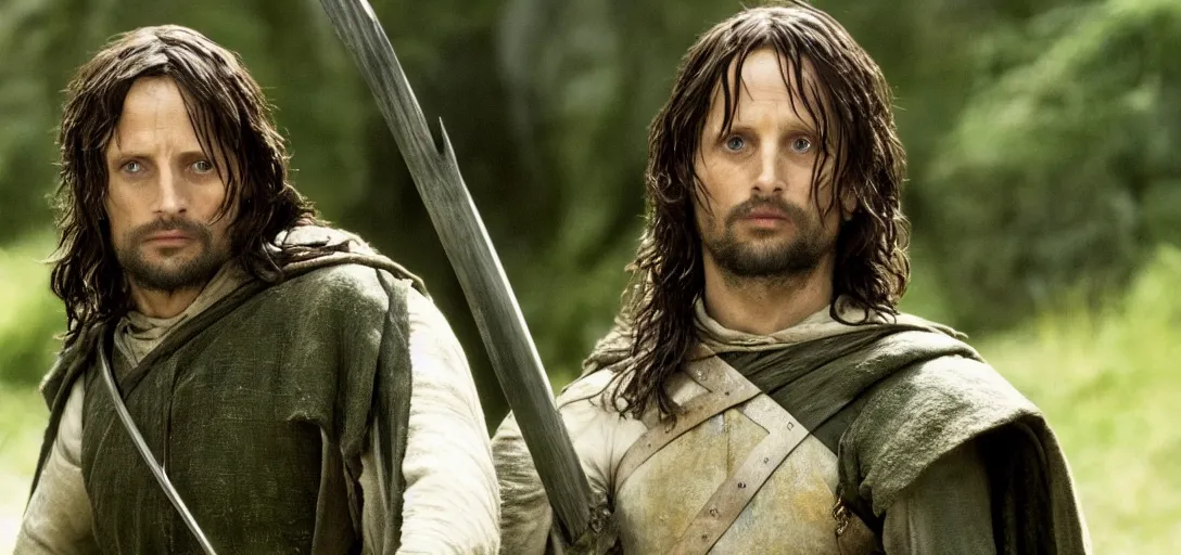 Prompt: still of felicity jones as aragorn in the lord of the rings ( 2 0 0 1 )