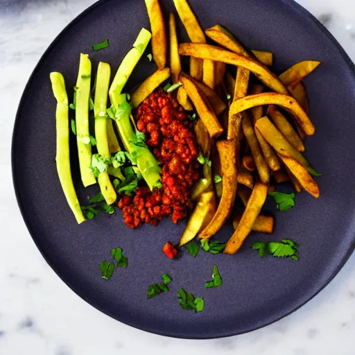 Image similar to plate of green lentils with chorizo and fries,