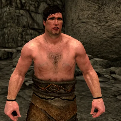 Image similar to character screenshot of chael sonnen, npc, skyrim, wilderness, 1 0 8 0 p, bokeh, elder scrolls v, detailed, dialog