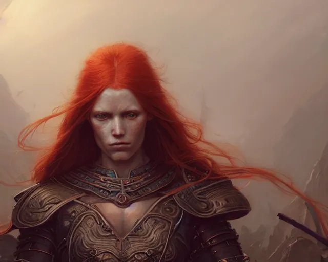 Prompt: highly detailed portrait of a warrior redhead woman, elden ring, stephen bliss, fantasy art by greg rutkowski, loish, rhads, ferdinand knab, makoto shinkai and lois van baarle, ilya kuvshinov, rossdraws, tom bagshaw, global illumination, radiant light, detailed and intricate environment