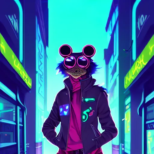 Image similar to beautiful furry digital art portrait commission of an androgynous furry anthro frog fursona wearing punk clothes in the streets of a cyberpunk city. neon signs. character design by charlie bowater, ross tran, artgerm, and makoto shinkai