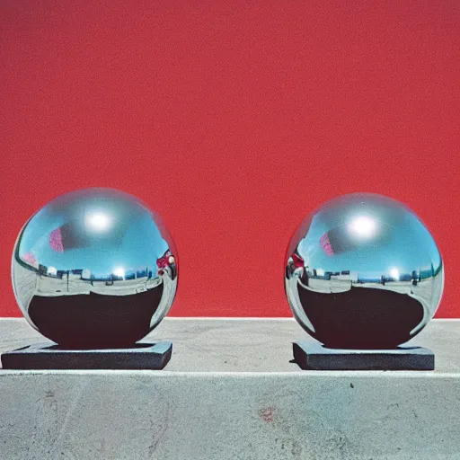 Prompt: chrome spheres on a red cube, agfa optima 100