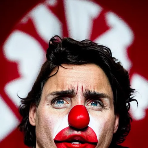 Image similar to UHD candid photo of Justin Trudeau dressed as a henchman, wearing accurate clown makeup, accurate face, UHD, photorealistic, correct face, photo by Annie Leibowitz