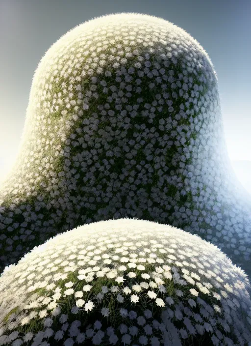 Prompt: white zen spiritual cave made of daisies, well contoured smooth fair walls, up close shot, sharp focus, global illumination, radiant light, alexandre ferra white mecha, irakli nadar, octane highly render, 4 k, ultra hd,