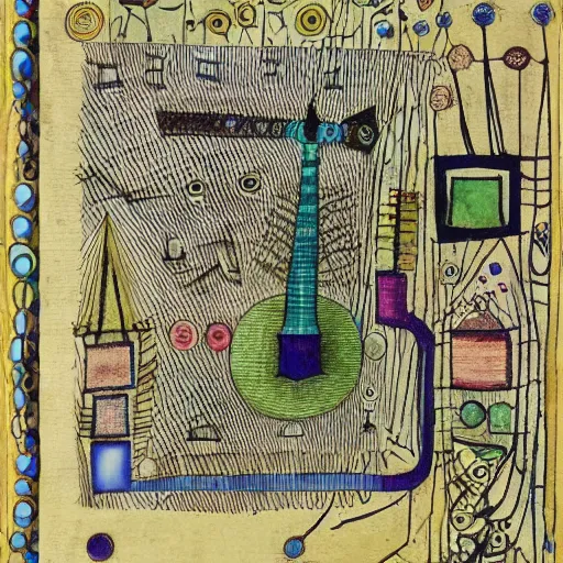 Image similar to musical score that holds a secret message, inspired by klee, bosch, durer. hyperdetailed color pen and ink intricate elaborate, collection of museum of modern art, new york