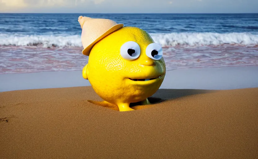 Image similar to 5 0 mm photograph, of a real anthropomorphic lemon character, fit body, with lemon skin texture, it is wearing a hat and scuba diving, building a sandcastle on the beach at sunset, beach, huge waves, sun, clouds, tropical trees, rim light, cinematic photography, professional, sand, sandcastle, volumetric lightening