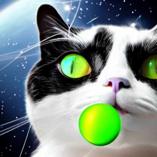 Image similar to a portrait of a beautiful black and white cat in space wearing a tuxedo with colorful bright green eyes, medium shot, hd, 8k, hyper-realism, detailed,