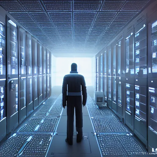 Image similar to hyperrealism detailed photography scene from stanley kubrick movie of highly detailed stylish system administrator from 2 0 7 7's as droid in josan gonzalez, gragory crewdson and katsuhiro otomo, mike winkelmann style with many details working at the detailed data center by laurie greasley hyperrealism photo on dsmc 3 system volumetric epic light rendered in blender