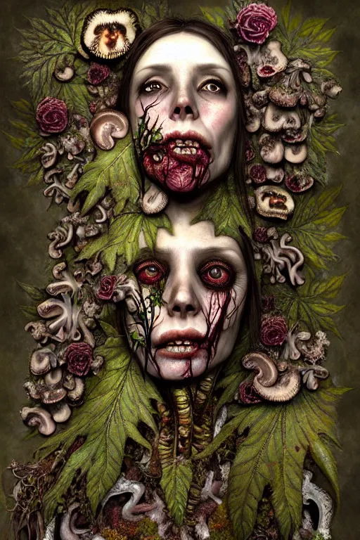 Prompt: very sad and detailed rotten woman corpse with fractal plants and fractal flowers and mushrooms growing around, face muscles, veins, arteries, intricate, ornate, surreal, ray caesar, john constable, guy denning, dan hillier